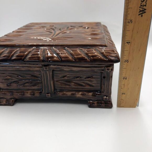 Vintage Mid Century 1970s Pottery Ceramic Brown Square Box With Lid Wood Look - Picture 12 of 13